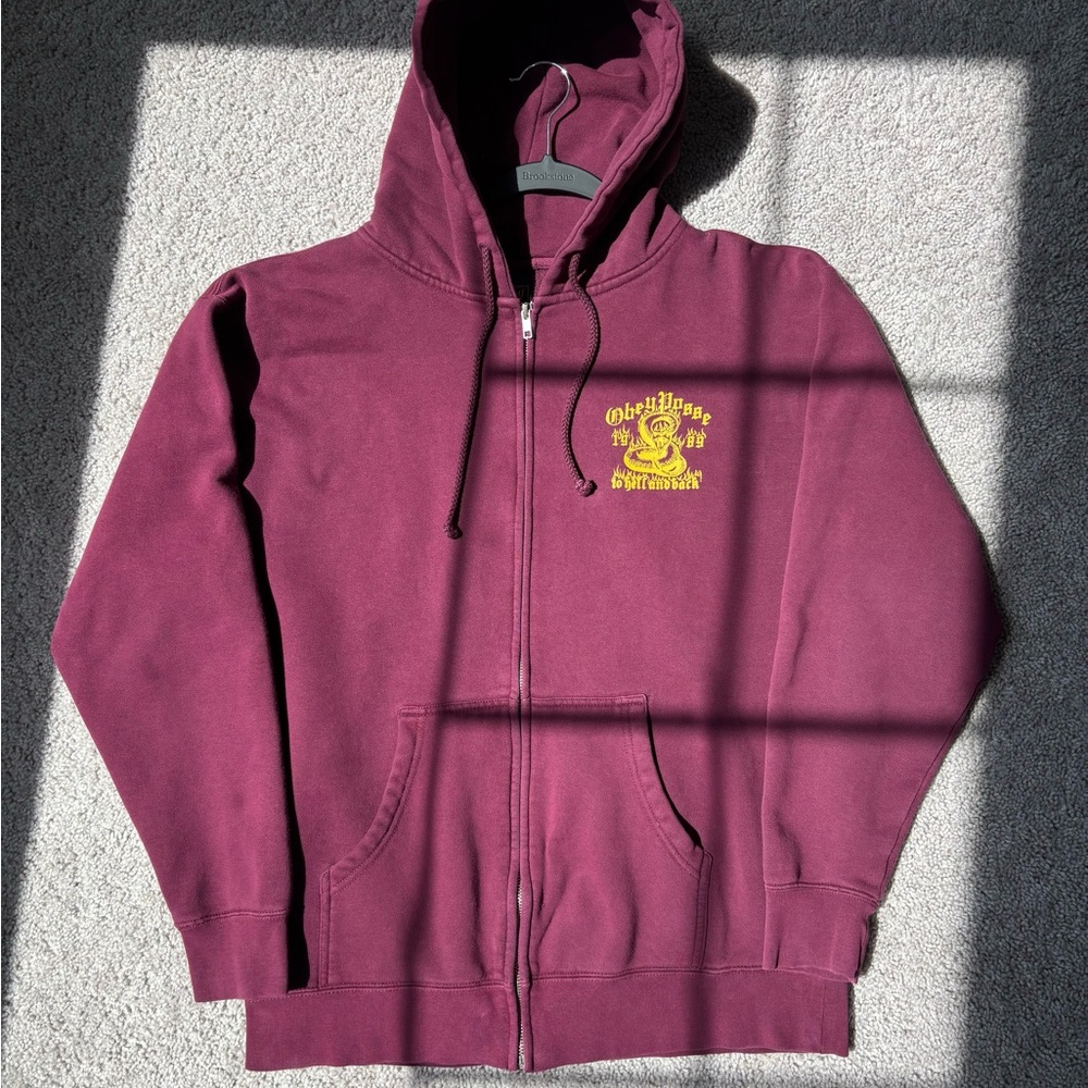Obey Burgundy Zip-Up Hoodie with Yellow Graphic
